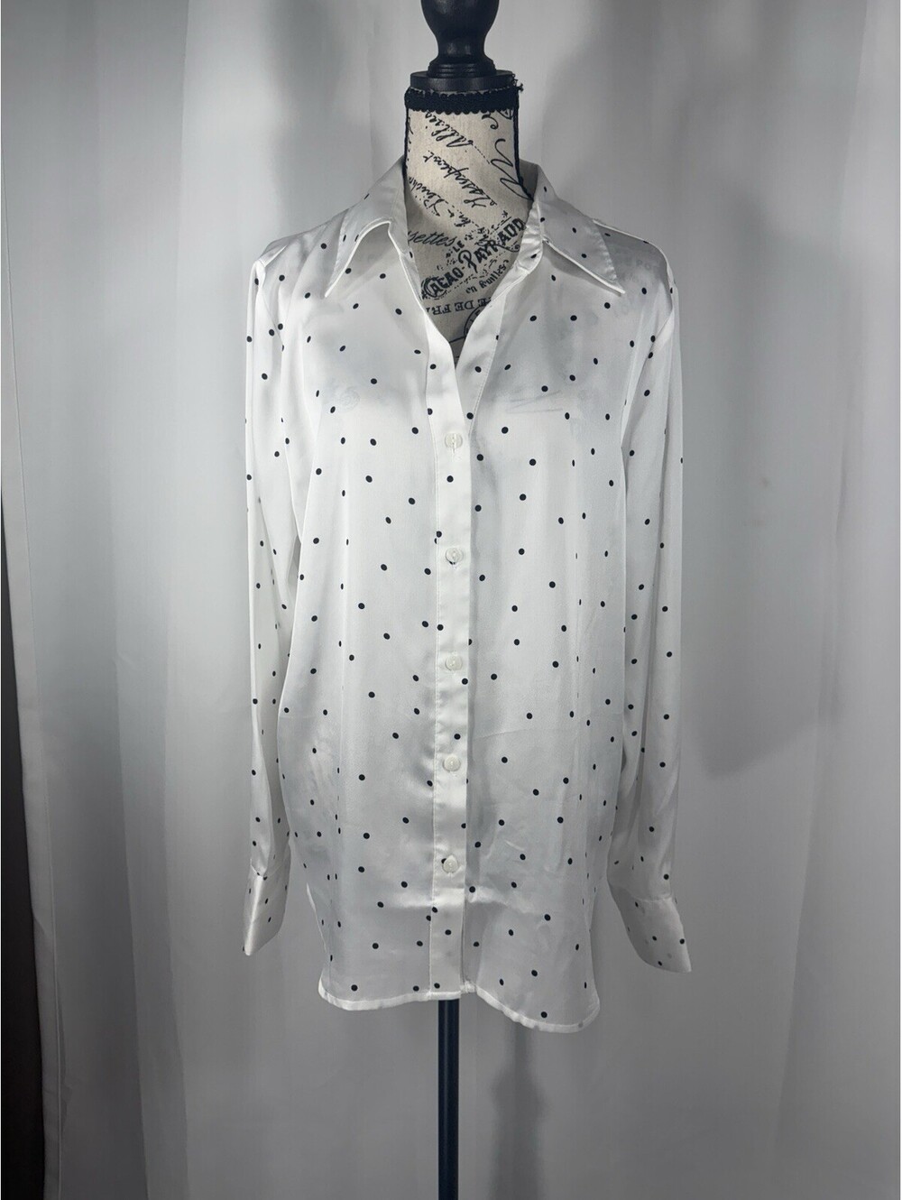 Worthington Satin Polka Dot Blouse XL White Black Button Down Retro 70s Collar